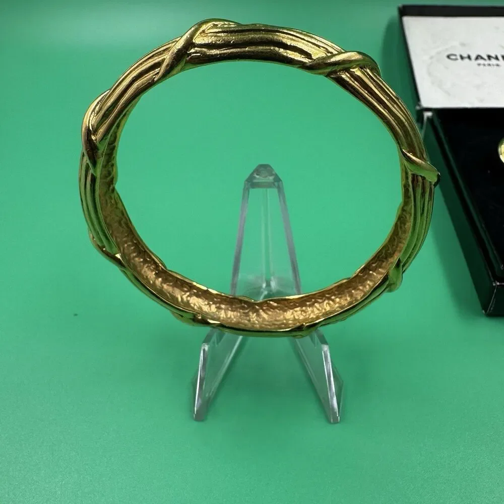 Vintage Chanel Paris Gold Tone Bangle Bracelet & Clip Earrings Set Original Box